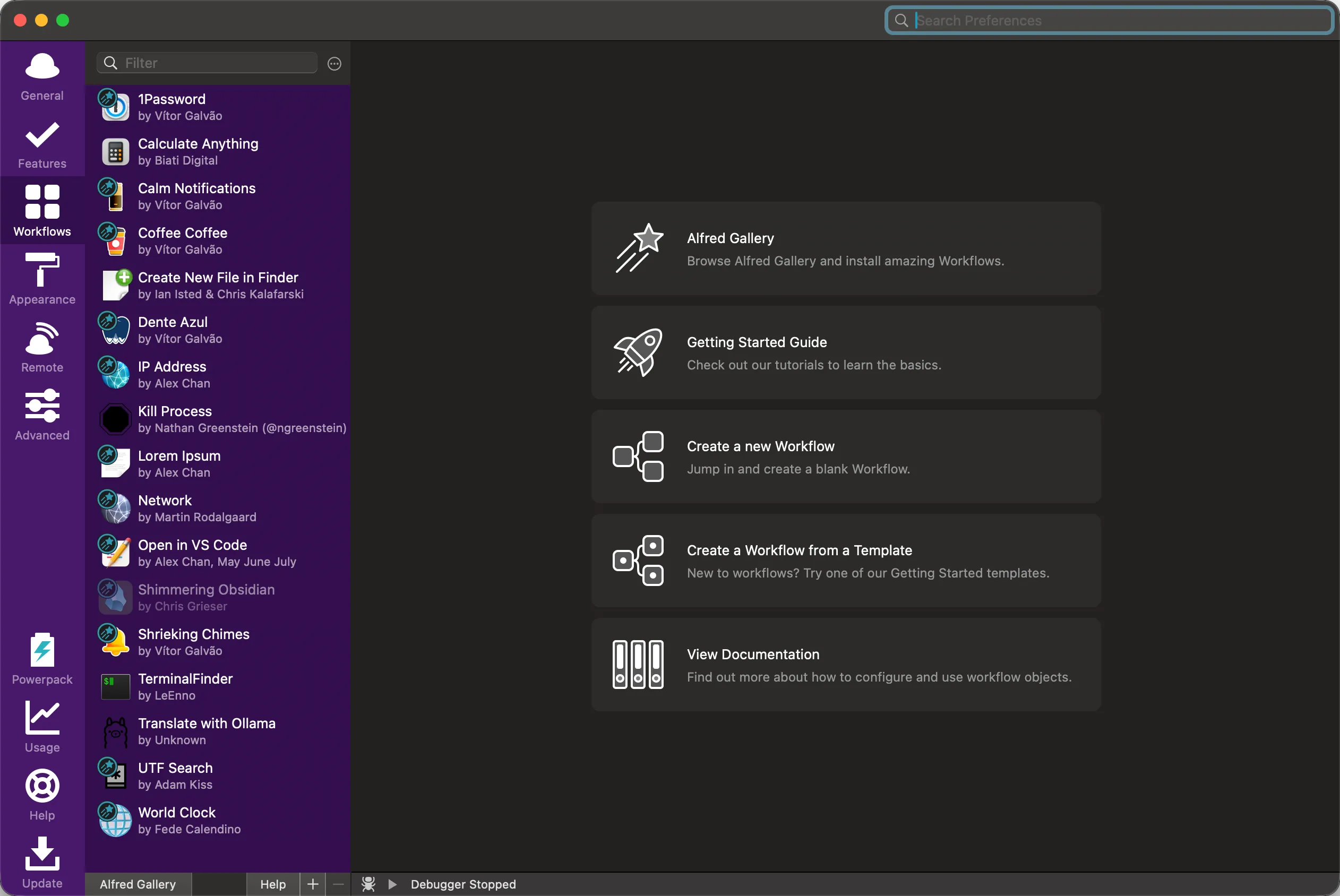 Alfred's preferences window on the Workflows tab, the seventeen installed workflows listed down the left with their authors, the right pane offering the Alfred Gallery and the guides